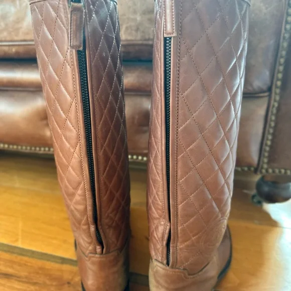 Chanel Women's CC Cap Toe Boots Quilted Leather Brown size :38 running small